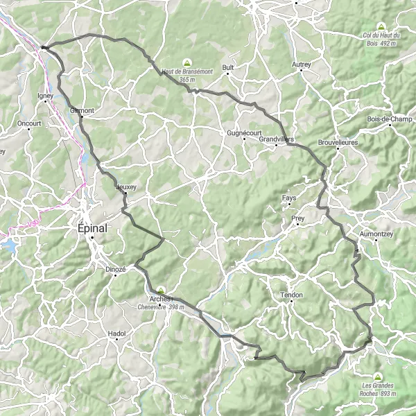 Map miniature of "The Vosges Grand Route" cycling inspiration in Lorraine, France. Generated by Tarmacs.app cycling route planner