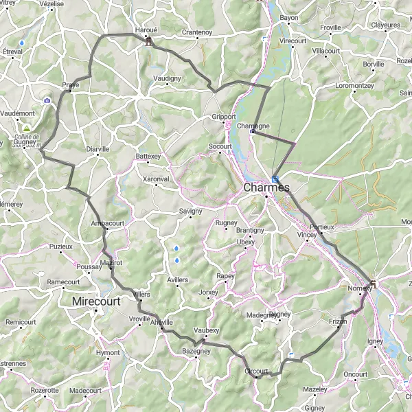 Miniature de la carte de l'inspiration cycliste "Parcours cyclable vers Chamagne depuis Châtel-sur-Moselle" dans la Lorraine, France. Générée par le planificateur d'itinéraire cycliste Tarmacs.app