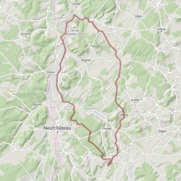Miniature de la carte de l'inspiration cycliste "Boucle des Forêts et Villages de Rollainville" dans la Lorraine, France. Générée par le planificateur d'itinéraire cycliste Tarmacs.app