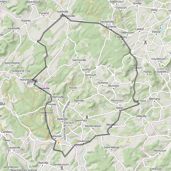 Miniature de la carte de l'inspiration cycliste "Tour des Collines de Dolaincourt" dans la Lorraine, France. Générée par le planificateur d'itinéraire cycliste Tarmacs.app