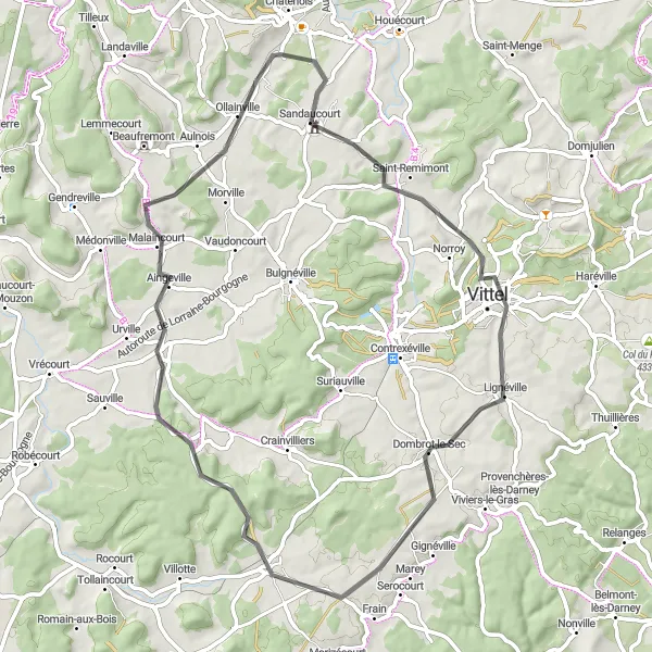 Miniature de la carte de l'inspiration cycliste "Circuit des Villages de Vittel" dans la Lorraine, France. Générée par le planificateur d'itinéraire cycliste Tarmacs.app
