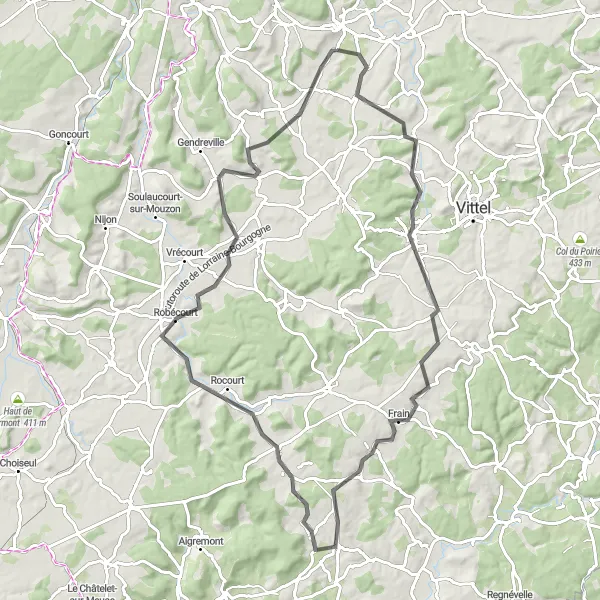 Miniature de la carte de l'inspiration cycliste "Boucle à Vélo à travers Mandres-sur-Vair et Malaincourt" dans la Lorraine, France. Générée par le planificateur d'itinéraire cycliste Tarmacs.app