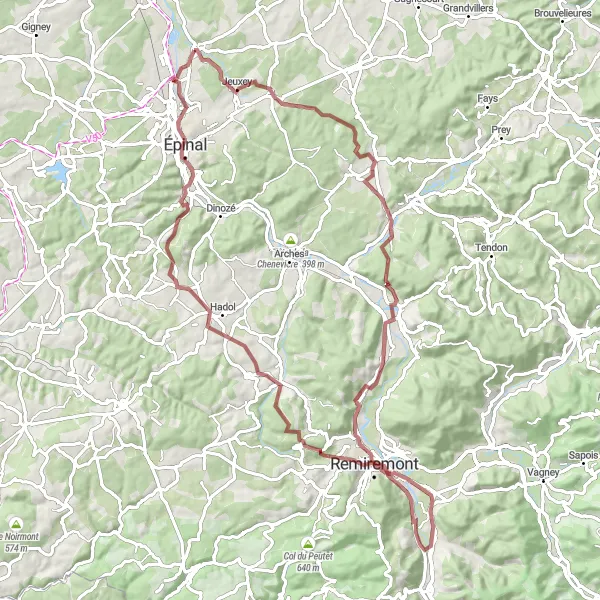 Miniature de la carte de l'inspiration cycliste "Boucle Chavelot - Dogneville" dans la Lorraine, France. Générée par le planificateur d'itinéraire cycliste Tarmacs.app