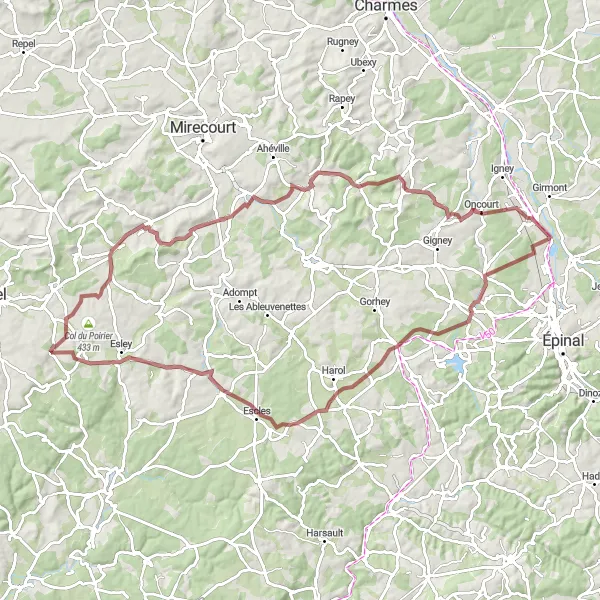 Map miniature of "Gravel Route: Chavelot to Thaon-les-Vosges via Domèvre-sur-Avière" cycling inspiration in Lorraine, France. Generated by Tarmacs.app cycling route planner