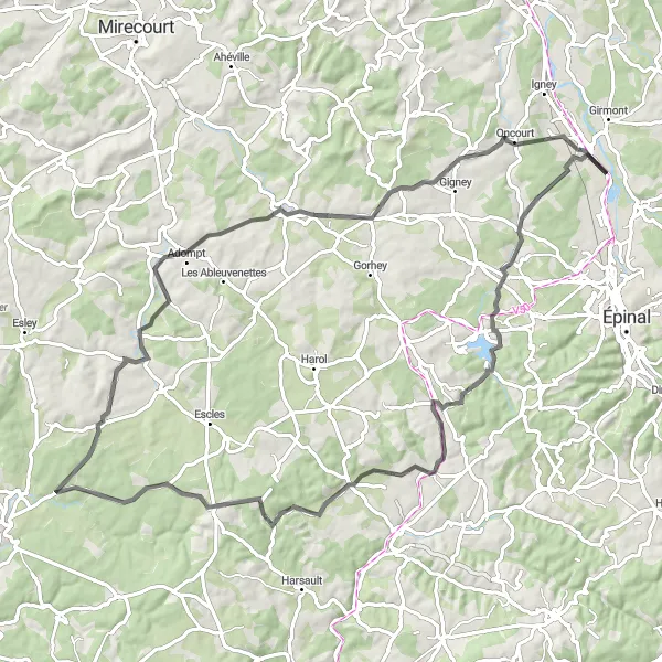 Miniature de la carte de l'inspiration cycliste "Boucle de Chavelot jusqu'à Thaon-les-Vosges" dans la Lorraine, France. Générée par le planificateur d'itinéraire cycliste Tarmacs.app