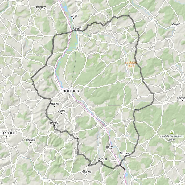 Miniature de la carte de l'inspiration cycliste "Tour panoramique de Chavelot à Girmont" dans la Lorraine, France. Générée par le planificateur d'itinéraire cycliste Tarmacs.app