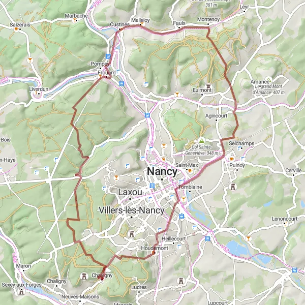 Miniature de la carte de l'inspiration cycliste "Le tour de Clairlieu et Vandœuvre-lès-Nancy" dans la Lorraine, France. Générée par le planificateur d'itinéraire cycliste Tarmacs.app