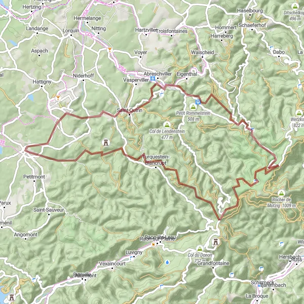 Miniature de la carte de l'inspiration cycliste "Traversée des Hautes-Collines de Lorraine" dans la Lorraine, France. Générée par le planificateur d'itinéraire cycliste Tarmacs.app