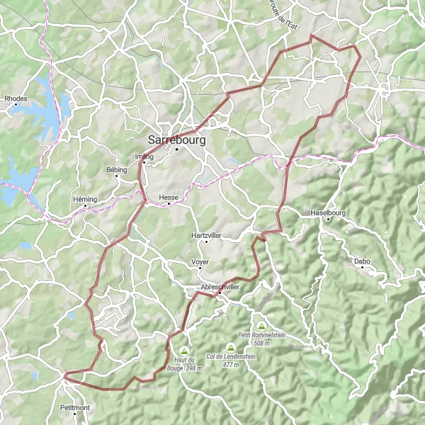 Miniature de la carte de l'inspiration cycliste "Tour de Sarrebourg en Gravel" dans la Lorraine, France. Générée par le planificateur d'itinéraire cycliste Tarmacs.app