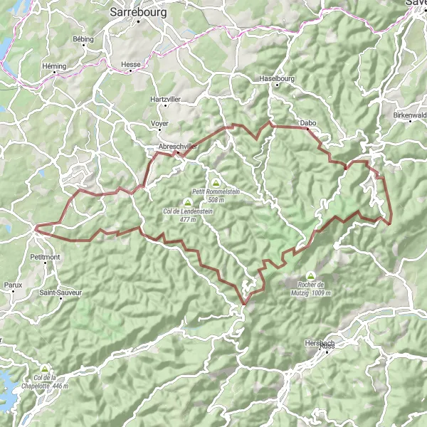 Map miniature of "Gravel Through Vosges" cycling inspiration in Lorraine, France. Generated by Tarmacs.app cycling route planner
