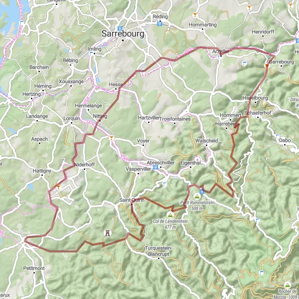 Miniature de la carte de l'inspiration cycliste "Randonnée au Rocher du Diable" dans la Lorraine, France. Générée par le planificateur d'itinéraire cycliste Tarmacs.app