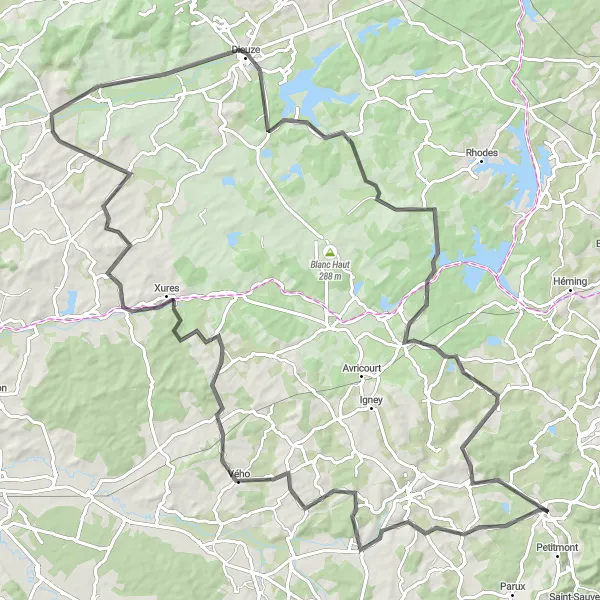Miniature de la carte de l'inspiration cycliste "Boucle de Domèvre-sur-Vezouze" dans la Lorraine, France. Générée par le planificateur d'itinéraire cycliste Tarmacs.app
