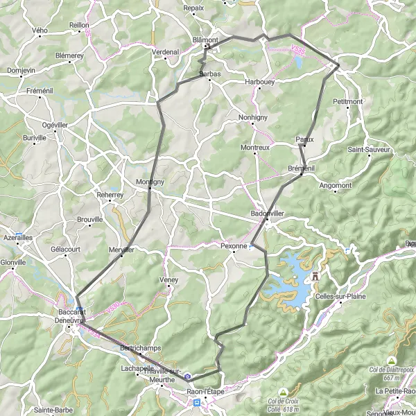 Miniature de la carte de l'inspiration cycliste "Route des Châteaux de Lorraine" dans la Lorraine, France. Générée par le planificateur d'itinéraire cycliste Tarmacs.app