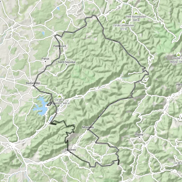 Miniature de la carte de l'inspiration cycliste "Défi des Vosges" dans la Lorraine, France. Générée par le planificateur d'itinéraire cycliste Tarmacs.app