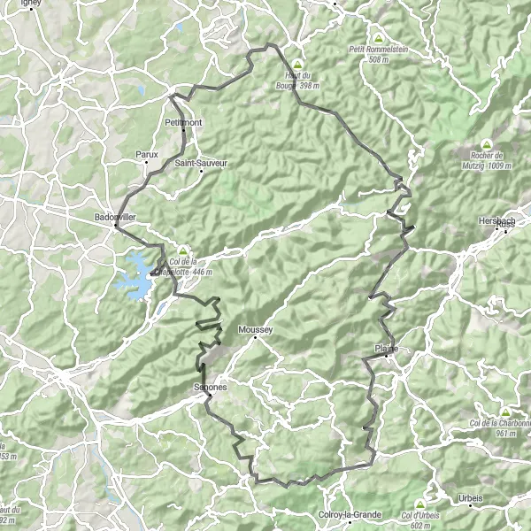 Map miniature of "The Mountain Challenge" cycling inspiration in Lorraine, France. Generated by Tarmacs.app cycling route planner