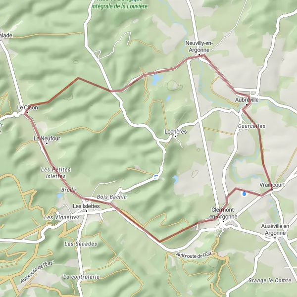 Map miniature of "Gravel Adventure to Les Islettes" cycling inspiration in Lorraine, France. Generated by Tarmacs.app cycling route planner