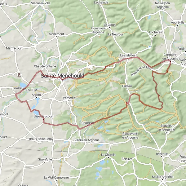 Map miniature of "Gravel Tour between Clermont-en-Argonne and Sainte-Menehould" cycling inspiration in Lorraine, France. Generated by Tarmacs.app cycling route planner