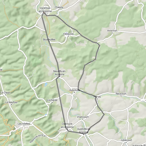 Map miniature of "Scenic Road Cycling Loop near Clermont-en-Argonne" cycling inspiration in Lorraine, France. Generated by Tarmacs.app cycling route planner