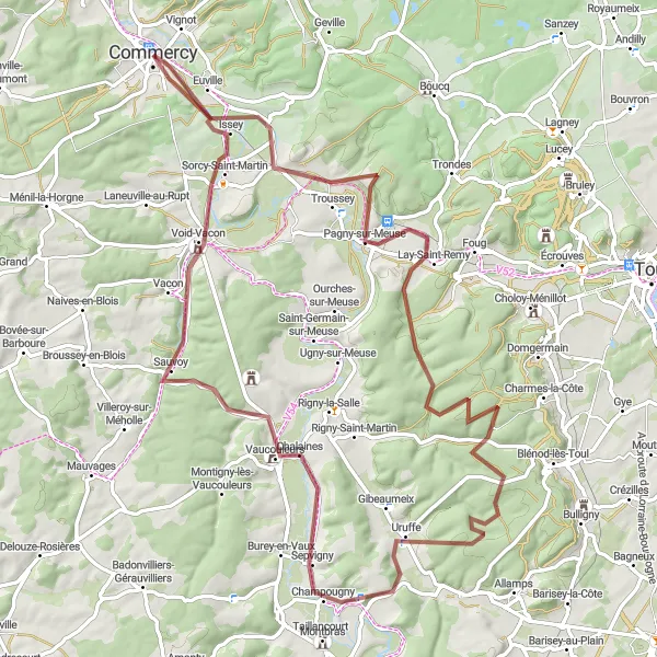 Miniature de la carte de l'inspiration cycliste "Boucle de la Meuse" dans la Lorraine, France. Générée par le planificateur d'itinéraire cycliste Tarmacs.app