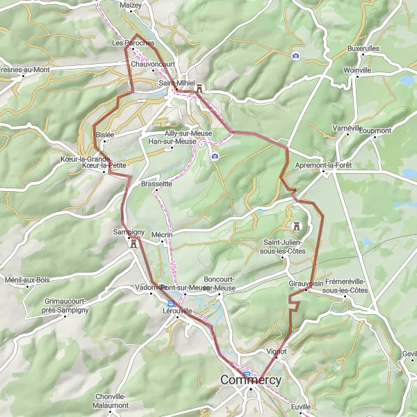 Miniature de la carte de l'inspiration cycliste "Les Collines de la Meuse" dans la Lorraine, France. Générée par le planificateur d'itinéraire cycliste Tarmacs.app