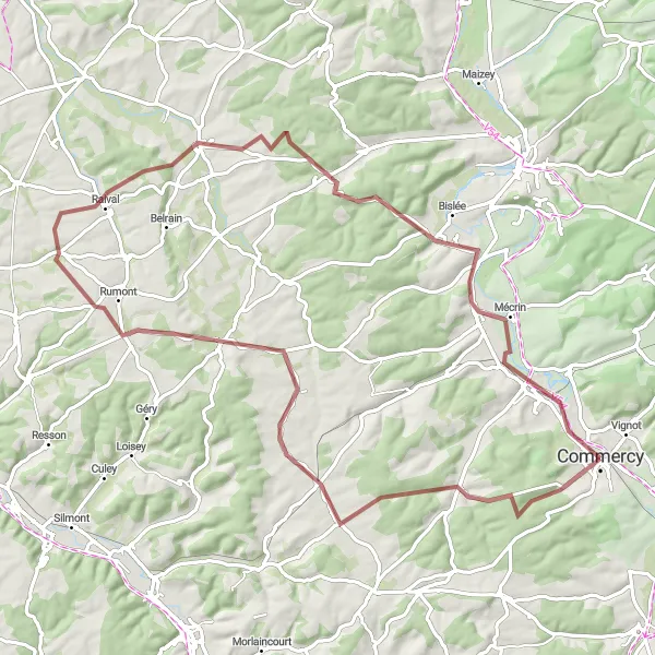 Miniature de la carte de l'inspiration cycliste "Les collines de Lorraine en gravier" dans la Lorraine, France. Générée par le planificateur d'itinéraire cycliste Tarmacs.app