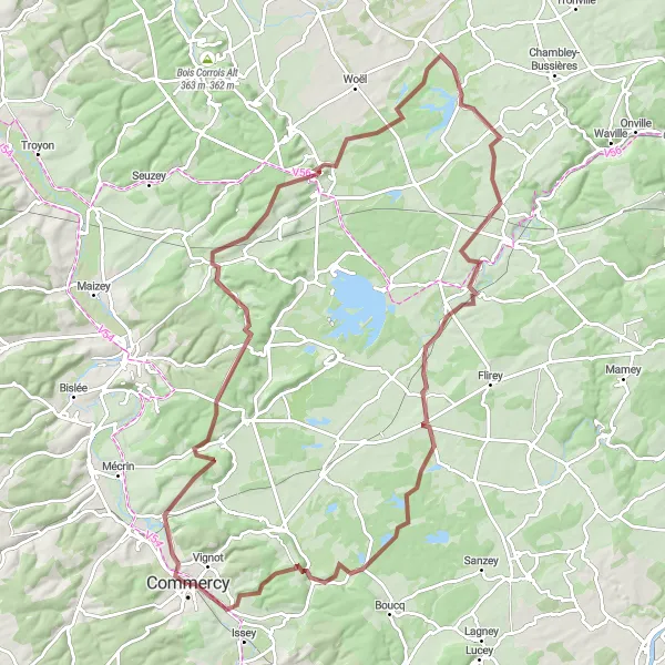 Map miniature of "The Meuse Valley Gravel Ride" cycling inspiration in Lorraine, France. Generated by Tarmacs.app cycling route planner