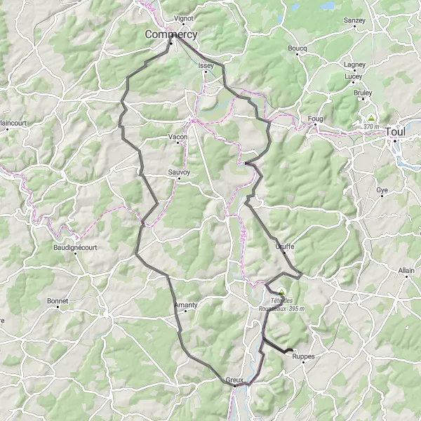 Miniature de la carte de l'inspiration cycliste "Tour de la Meuse et ses Collines" dans la Lorraine, France. Générée par le planificateur d'itinéraire cycliste Tarmacs.app