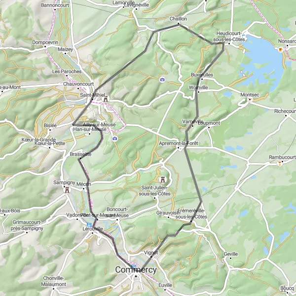 Miniature de la carte de l'inspiration cycliste "Parcours des Côtes" dans la Lorraine, France. Générée par le planificateur d'itinéraire cycliste Tarmacs.app