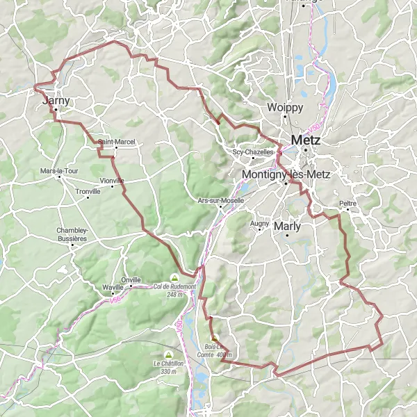 Map miniature of "Countryside Odyssey" cycling inspiration in Lorraine, France. Generated by Tarmacs.app cycling route planner