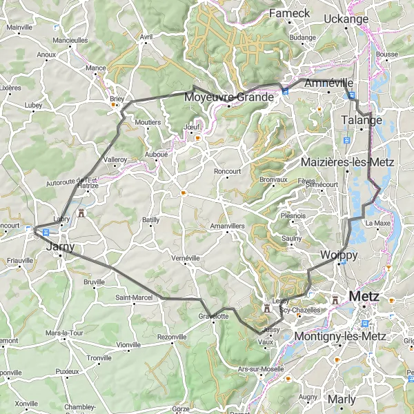 Miniature de la carte de l'inspiration cycliste "Parcours de cyclisme sur route entre Conflans-en-Jarnisy" dans la Lorraine, France. Générée par le planificateur d'itinéraire cycliste Tarmacs.app