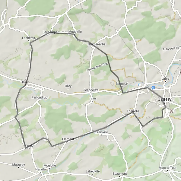 Map miniature of "Friauville Escape" cycling inspiration in Lorraine, France. Generated by Tarmacs.app cycling route planner