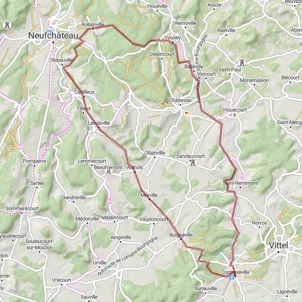 Miniature de la carte de l'inspiration cycliste "Tour de la Vair en Gravel" dans la Lorraine, France. Générée par le planificateur d'itinéraire cycliste Tarmacs.app