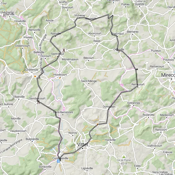 Miniature de la carte de l'inspiration cycliste "Boucle des Châteaux en Route" dans la Lorraine, France. Générée par le planificateur d'itinéraire cycliste Tarmacs.app