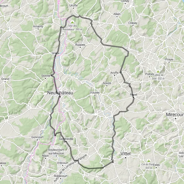 Miniature de la carte de l'inspiration cycliste "Tour des Lacs et Châteaux en Route" dans la Lorraine, France. Générée par le planificateur d'itinéraire cycliste Tarmacs.app