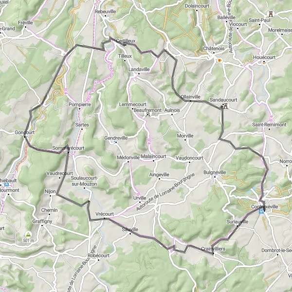 Map miniature of "Discover the Meuse River Valley: La Vacheresse-et-la-Rouillie to Outrancourt" cycling inspiration in Lorraine, France. Generated by Tarmacs.app cycling route planner