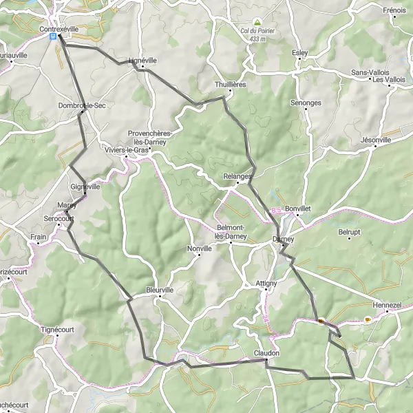 Miniature de la carte de l'inspiration cycliste "Boucle des Lacs en Route" dans la Lorraine, France. Générée par le planificateur d'itinéraire cycliste Tarmacs.app