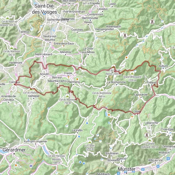Miniature de la carte de l'inspiration cycliste "Les Hautes Vosges Aventure" dans la Lorraine, France. Générée par le planificateur d'itinéraire cycliste Tarmacs.app