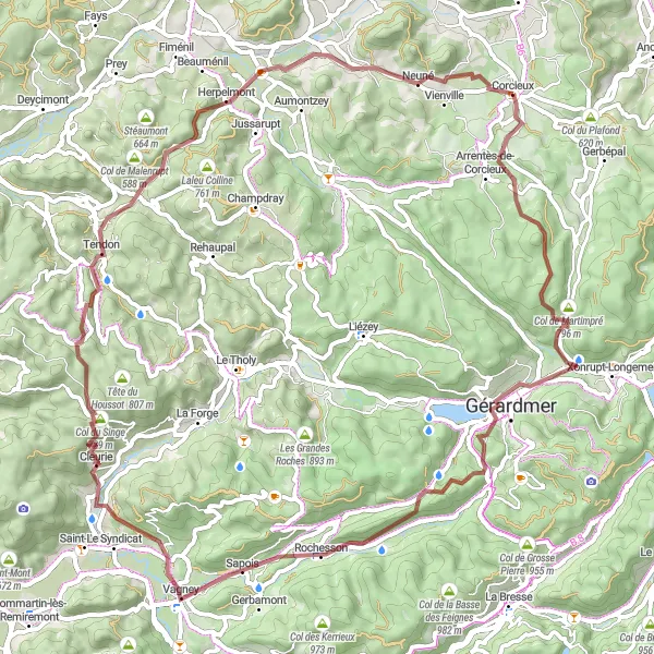 Map miniature of "Gravel Adventure in the Vosges Mountains" cycling inspiration in Lorraine, France. Generated by Tarmacs.app cycling route planner