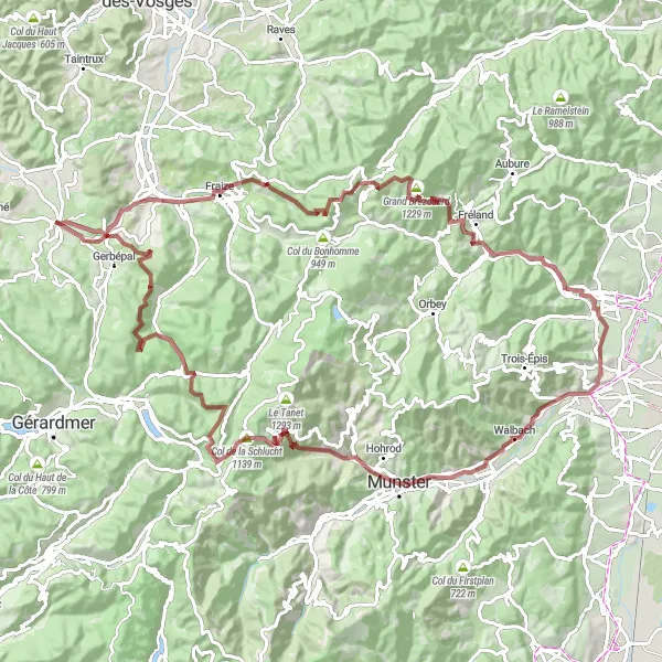 Miniature de la carte de l'inspiration cycliste "Exploration des Montagnes en Gravel" dans la Lorraine, France. Générée par le planificateur d'itinéraire cycliste Tarmacs.app