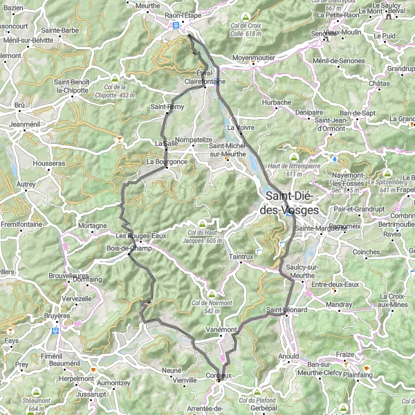Miniature de la carte de l'inspiration cycliste "Les villages vosgiens authentiques" dans la Lorraine, France. Générée par le planificateur d'itinéraire cycliste Tarmacs.app