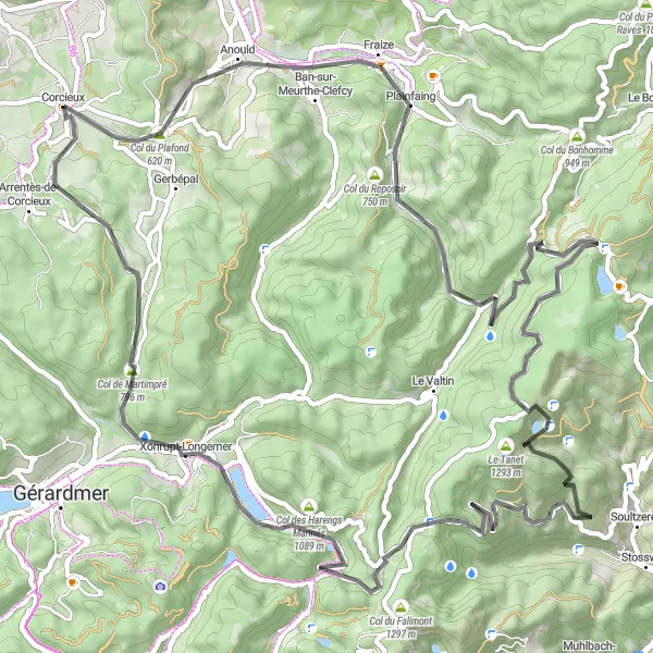Miniature de la carte de l'inspiration cycliste "Les joyaux cachés des Vosges" dans la Lorraine, France. Générée par le planificateur d'itinéraire cycliste Tarmacs.app