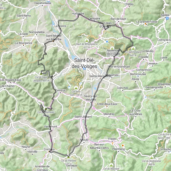 Map miniature of "Challenging Road Cycling Loop through Vosges" cycling inspiration in Lorraine, France. Generated by Tarmacs.app cycling route planner