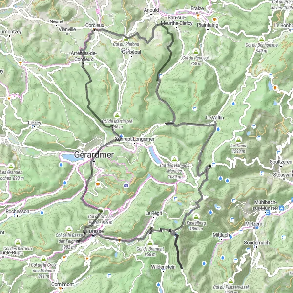 Miniature de la carte de l'inspiration cycliste "Les sommets des Vosges" dans la Lorraine, France. Générée par le planificateur d'itinéraire cycliste Tarmacs.app