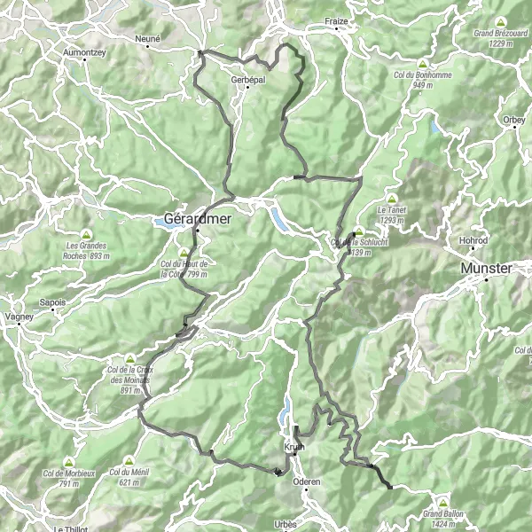 Miniature de la carte de l'inspiration cycliste "Tour des Cols en Road" dans la Lorraine, France. Générée par le planificateur d'itinéraire cycliste Tarmacs.app