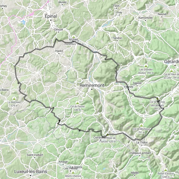 Miniature de la carte de l'inspiration cycliste "La Grande Boucle des Vosges" dans la Lorraine, France. Générée par le planificateur d'itinéraire cycliste Tarmacs.app