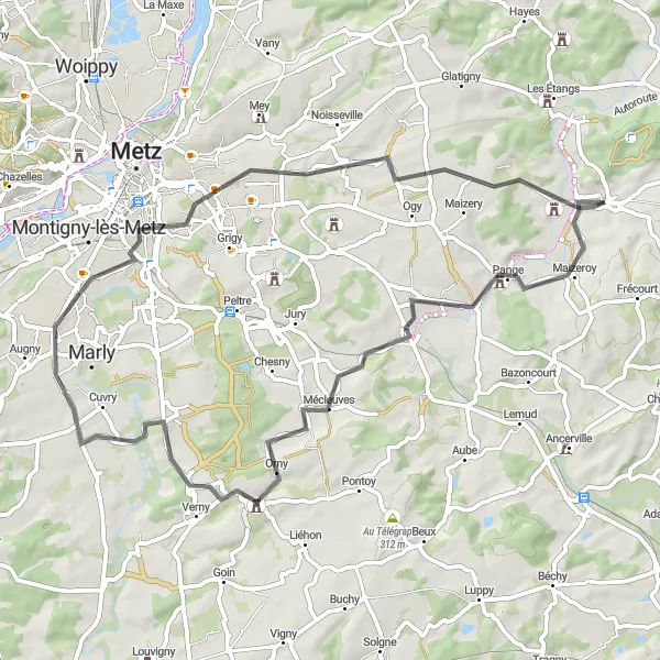 Map miniature of "Courcelles-Chaussy Cycling Adventure" cycling inspiration in Lorraine, France. Generated by Tarmacs.app cycling route planner