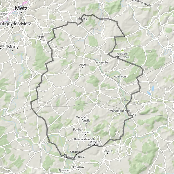 Map miniature of "Challenging Road Challenge: Courcelles-Chaussy Route" cycling inspiration in Lorraine, France. Generated by Tarmacs.app cycling route planner