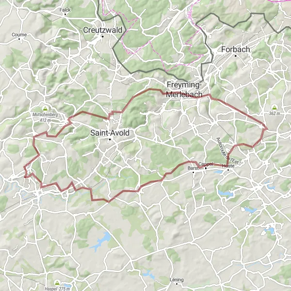 Map miniature of "Gravel Adventure near Créhange" cycling inspiration in Lorraine, France. Generated by Tarmacs.app cycling route planner