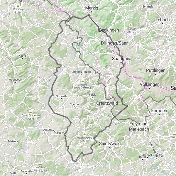 Map miniature of "The Vigneulles Challenge" cycling inspiration in Lorraine, France. Generated by Tarmacs.app cycling route planner