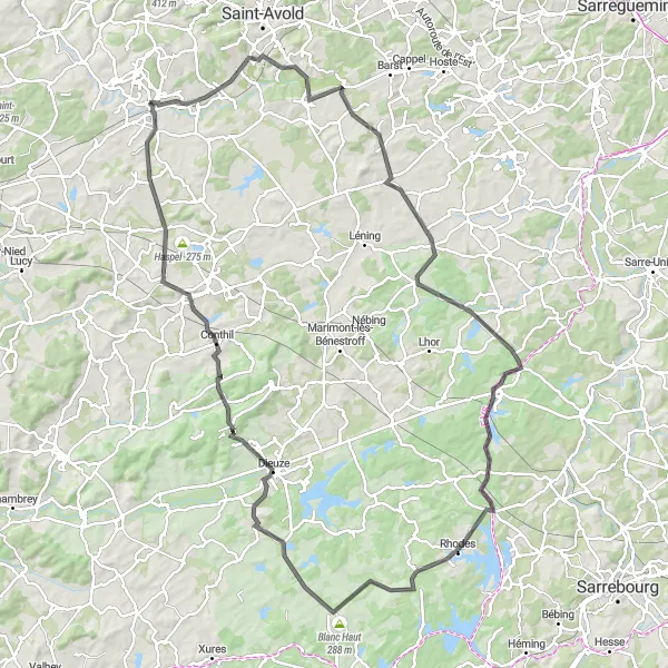 Map miniature of "The Beautiful Countryside Loop" cycling inspiration in Lorraine, France. Generated by Tarmacs.app cycling route planner